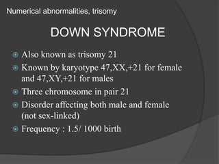 Numerical abnormalities, trisomy
DOWN SYNDROME
 Also known as trisomy 21
 Known by karyotype 47,XX,+21 for female
and 47,XY,+21 for males
 Three chromosome in pair 21
 Disorder affecting both male and female
(not sex-linked)
 Frequency : 1.5/ 1000 birth
 