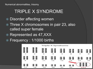 Numerical abnormalities, trisomy
TRIPLE X SYNDROME
 Disorder affecting women
 Three X chromosomes in pair 23, also
called super female
 Represented as 47,XXX
 Frequency : 1/1000 births
 