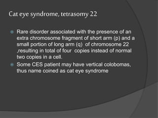 Cat eye syndrome, tetrasomy 22
 Rare disorder associated with the presence of an
extra chromosome fragment of short arm (p) and a
small portion of long arm (q) of chromosome 22
,resulting in total of four copies instead of normal
two copies in a cell.
 Some CES patient may have vertical colobomas,
thus name coined as cat eye syndrome
 