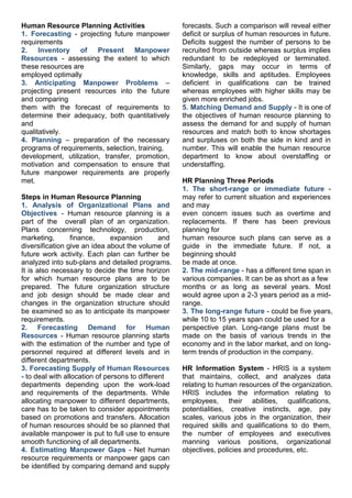 Human Resource Planning Activities
1. Forecasting - projecting future manpower
requirements
2. Inventory of Present Manpower
Resources - assessing the extent to which
these resources are
employed optimally
3. Anticipating Manpower Problems –
projecting present resources into the future
and comparing
them with the forecast of requirements to
determine their adequacy, both quantitatively
and
qualitatively.
4. Planning – preparation of the necessary
programs of requirements, selection, training,
development, utilization, transfer, promotion,
motivation and compensation to ensure that
future manpower requirements are properly
met.
Steps in Human Resource Planning
1. Analysis of Organizational Plans and
Objectives - Human resource planning is a
part of the overall plan of an organization.
Plans concerning technology, production,
marketing, finance, expansion and
diversification give an idea about the volume of
future work activity. Each plan can further be
analyzed into sub-plans and detailed programs.
It is also necessary to decide the time horizon
for which human resource plans are to be
prepared. The future organization structure
and job design should be made clear and
changes in the organization structure should
be examined so as to anticipate its manpower
requirements.
2. Forecasting Demand for Human
Resources - Human resource planning starts
with the estimation of the number and type of
personnel required at different levels and in
different departments.
3. Forecasting Supply of Human Resources
- to deal with allocation of persons to different
departments depending upon the work-load
and requirements of the departments. While
allocating manpower to different departments,
care has to be taken to consider appointments
based on promotions and transfers. Allocation
of human resources should be so planned that
available manpower is put to full use to ensure
smooth functioning of all departments.
4. Estimating Manpower Gaps - Net human
resource requirements or manpower gaps can
be identified by comparing demand and supply
forecasts. Such a comparison will reveal either
deficit or surplus of human resources in future.
Deficits suggest the number of persons to be
recruited from outside whereas surplus implies
redundant to be redeployed or terminated.
Similarly, gaps may occur in terms of
knowledge, skills and aptitudes. Employees
deficient in qualifications can be trained
whereas employees with higher skills may be
given more enriched jobs.
5. Matching Demand and Supply - It is one of
the objectives of human resource planning to
assess the demand for and supply of human
resources and match both to know shortages
and surpluses on both the side in kind and in
number. This will enable the human resource
department to know about overstaffing or
understaffing.
HR Planning Three Periods
1. The short-range or immediate future -
may refer to current situation and experiences
and may
even concern issues such as overtime and
replacements. If there has been previous
planning for
human resource such plans can serve as a
guide in the immediate future. If not, a
beginning should
be made at once.
2. The mid-range - has a different time span in
various companies. It can be as short as a few
months or as long as several years. Most
would agree upon a 2-3 years period as a mid-
range.
3. The long-range future - could be five years,
while 10 to 15 years span could be used for a
perspective plan. Long-range plans must be
made on the basis of various trends in the
economy and in the labor market, and on long-
term trends of production in the company.
HR Information System - HRIS is a system
that maintains, collect, and analyzes data
relating to human resources of the organization.
HRIS includes the information relating to
employees, their abilities, qualifications,
potentialities, creative instincts, age, pay
scales, various jobs in the organization, their
required skills and qualifications to do them,
the number of employees and executives
manning various positions, organizational
objectives, policies and procedures, etc.
 