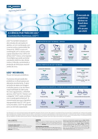 A CIÊNCIA POR TRÁS DE LGG®
(Lactobacillus rhamnosus, LGG®)
HA-LABIOTEC
Produção trimestral da Chr. Hansen
Coordenação, edição e redação: Ana Luisa Costa
Consultoriaeredaçãotécnica:LúcioA.F.Antunes,MichaelMitsuo
Saito,SérgioCasadiniVilela,EliandroRobertodaCunhaMartins,
NatáliaGóes,RodolfoLeite
Editoração: Cia da Concepção
CONTATOS
Vendas Lúcio Antunes (brlfa@chr-hansen.com), Diego Mallmann
(brdima@ chr-hansen.com), Adriana Oliveira (bracd@chr-hansen.com),
Luciana Pivato (brlnb@chr-hansen.com), Franciele Material (brfrma@
chr-hansen.com) Marketing Ana Luisa Costa (branco@chr-hansen.com)
DISTRIBUIDORESAUTORIZADOS
Paraná, Santa Catarina, Rio Grande do Sul e Mato Grosso do Sul: LC
Bolonha Ingredientes Alimentícios Ltda. Tel: (41) 3139.4455 (bolonha@
lcbolonha.com.br) Minas Gerais, Espírito Santo e Rio de Janeiro: Produtos
Macalé. Tel.: (32) 3224.3035 (macale@macale.com) Goiás, Tocantins,
Distrito Federal, Mato Grosso, Rondônia e Região Sul do Pará: Clamalu
Comércio e Representações Ltda. Tel.: (62) 3605.6565 (romulo@clamalu.
com.br e j.clareth@clamalu.com.br) Sergipe, Alagoas, Pernambuco,
Paraíba, Rio Grande do Norte, Ceará, Piauí e Maranhão: Agrom Agro
Indústria Meridional Ltda. Tel.: (87) 3762.2919 / 3762.6518 (agrom@
agromindustria.com.br) Bahia: Agromirla Com. de Prod. Agropecuários
Ltda. Tel.: (77) 3421.6374 (jotanea@milkrepresentacoes.com.br) São
Paulo, Amazonas, Roraima, Acre: Latec Ingredientes Tel.: (15) 3247.4117 /
(15) 3247.4064 (atendimento@latecingredientes.com.br).
LGG® NO BRASIL
Novas normas para probióticos
O processo de aprovação dos
probióticos no Brasil passou por
alteração recentemente. A apre-
sentação de dados da linhagem
e estudos passou a ser de inteira
responsabilidade do fabricante.
No novo regulamento, a ANVISA
aprovou LGG® da Chr. Hansen com
a alegação “LGG® pode contribuir
com a saúde gastrointestinal”. A
concentração para que o benefício
seja garantido é de 1010
UFC/g em
consumo diário. LGG® foi aprovada
para uso de toda a população.
APROVAÇÃO DE LGG® NO BRASIL - ANVISA
CARACTERÍSTICAS DE LGG® NO BRASIL
PARA GARANTIR O BENEFÍCIO, A PORÇÃO DE CONSUMO DEVE SER INFORMADA
DATA DE
APROVAÇÃO
vA partir
de dezembro
de 2019
NOVOS PRODUTOS
(MAPA)
vClientedeveenviar
aaprovaçãoda
Chr.Hanseneoregistro
deseuproduto
CONSUMO
DIÁRIO
vGarantia de
1x1010
UFC
AO DIA
ESTABILIDADE
vContagem total
atrelada à
alegação e dose
ALEGAÇÃO APROVADA
v
“LGG® pode
contribuir
com a saúde
gastrointestinal”
CULTURAS DE
CEPA ÚNICA
vnu-trish® LGG®
(Lactobacillus Rhamnosus GG)
FORMATO DO PRODUTO
vFD-DVS nu-trish® LGG®
20x25g
F-DVS nu-trish® LGG®
10x500U
v
FD-DVS nu-trish® LGG® DA
20x25g
v
DOSAGEM
v500-1000U/5000L (FD)
Porção de 100g
+ Concentração de probiótico
5x107
UFC/g
= Consumo diário de duas porções
Porção de 100g
+ Concentração de probiótico
1x108
UFC/g
=
Consumo diário de uma porção
Este informativo é uma comunicação entre empresas sobre ingredientes destinados a bens de consumo. Não se destina a consumidores de bens de consumo finais. As declarações aqui contidas não são avaliadas
pelas autoridades locais. Quaisquer afirmações feitas em relação a consumidores são de exclusiva responsabilidade do comerciante do produto final. O comerciante deve conduzir suas próprias investigações
legais e de adequação para garantir que todos os requisitos nacionais sejam seguidos. Os produtos não são medicamentos e não se destinam a prevenir, curar ou tratar qualquer doença. As informações fornecidas
aqui são verdadeiras e, da melhor maneira possível, precisas. As informações apresentam e resumem, entre outros, dados clínicos obtidos com o(s) produto(s).
LGG® foi também testada em
dois estudos de vacinação em
adultos, um em combinação com
a vacina contra a poliomielite (de
Vrese et al. 2005) e outro em
combinação com a vacina contra
a gripe (Davidson et al. 2011). Em
ambas LGG® induziu uma resposta
imunológica que pode aumentar
a proteção sistêmica das células
contra a infecção, aumentando a
produção de anticorpos neutrali-
zantes do vírus.
O mercado de
probióticos
lácteos no
Brasil deve
crescer
8% ao ano
até 2025
 