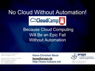 arago Institut für komplexes
Datenmanagement AG
Eschersheimer Landstr. 526-532
60433 Frankfurt am Main
Tel: +49-69-40 56 8-0
Fax: +49-69-40 56 8-111
eMail: info @ arago.de
URL: www.arago.de
No Cloud Without Automation!
Because Cloud Computing
Will Be an Epic Fail
Without Automation
Hans-Christian Boos
boos@arago.de
http://www.hcboos.net
 