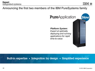 Announcing the first two members of the IBM PureSystems family




                                  Platform System:
                                  Expert at optimally
                                  deploying and running
                                  applications for rapid
                                  time-to-value




22                                                         © 2012 IBM Corporation
 