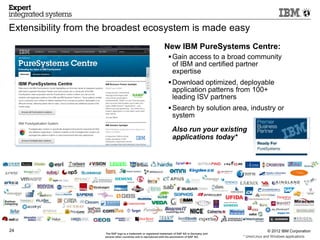 Extensibility from the broadest ecosystem is made easy
                                                                New IBM PureSystems Centre:
                                                                    Gain access to a broad community
                                                                     of IBM and certified partner
                                                                     expertise
                                                                    Download optimized, deployable
                                                                     application patterns from 100+
                                                                     leading ISV partners
                                                                    Search by solution area, industry or
                                                                     system
                                                                      Also run your existing
                                                                      applications today*




24                                                                                                                © 2012 IBM Corporation
                     The SAP logo is a trademark or registered trademark of SAP AG in Germany and
                     several other countries and is reproduced with the permission of SAP AG.       * Unix/Linux and Windows applications
 