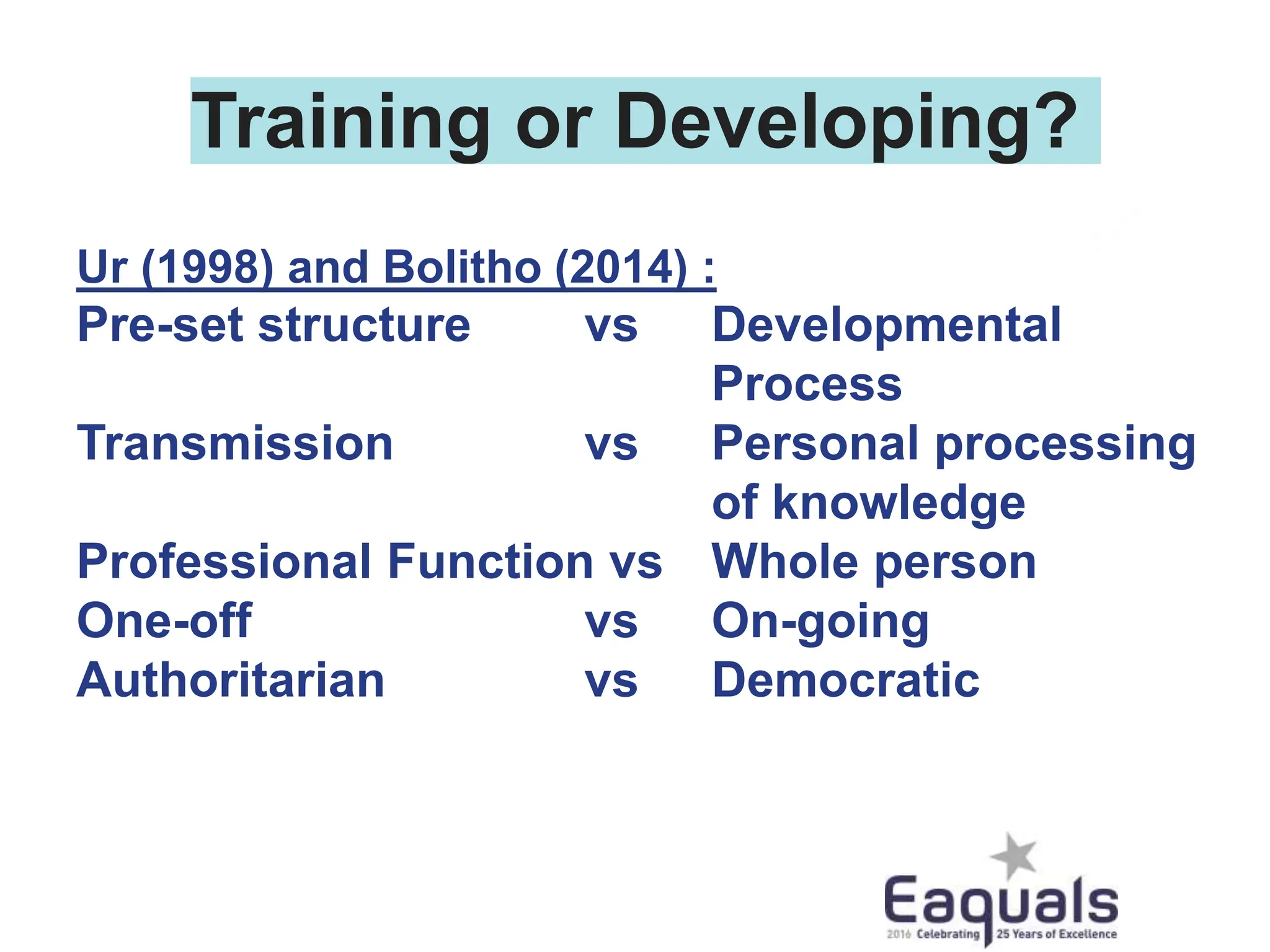 Training or Developing?
Ur (1998) and Bolitho (2014) :
Pre-set structure vs Developmental
Process
Transmission vs Personal processing
of knowledge
Professional Function vs Whole person
One-off vs On-going
Authoritarian vs Democratic
 