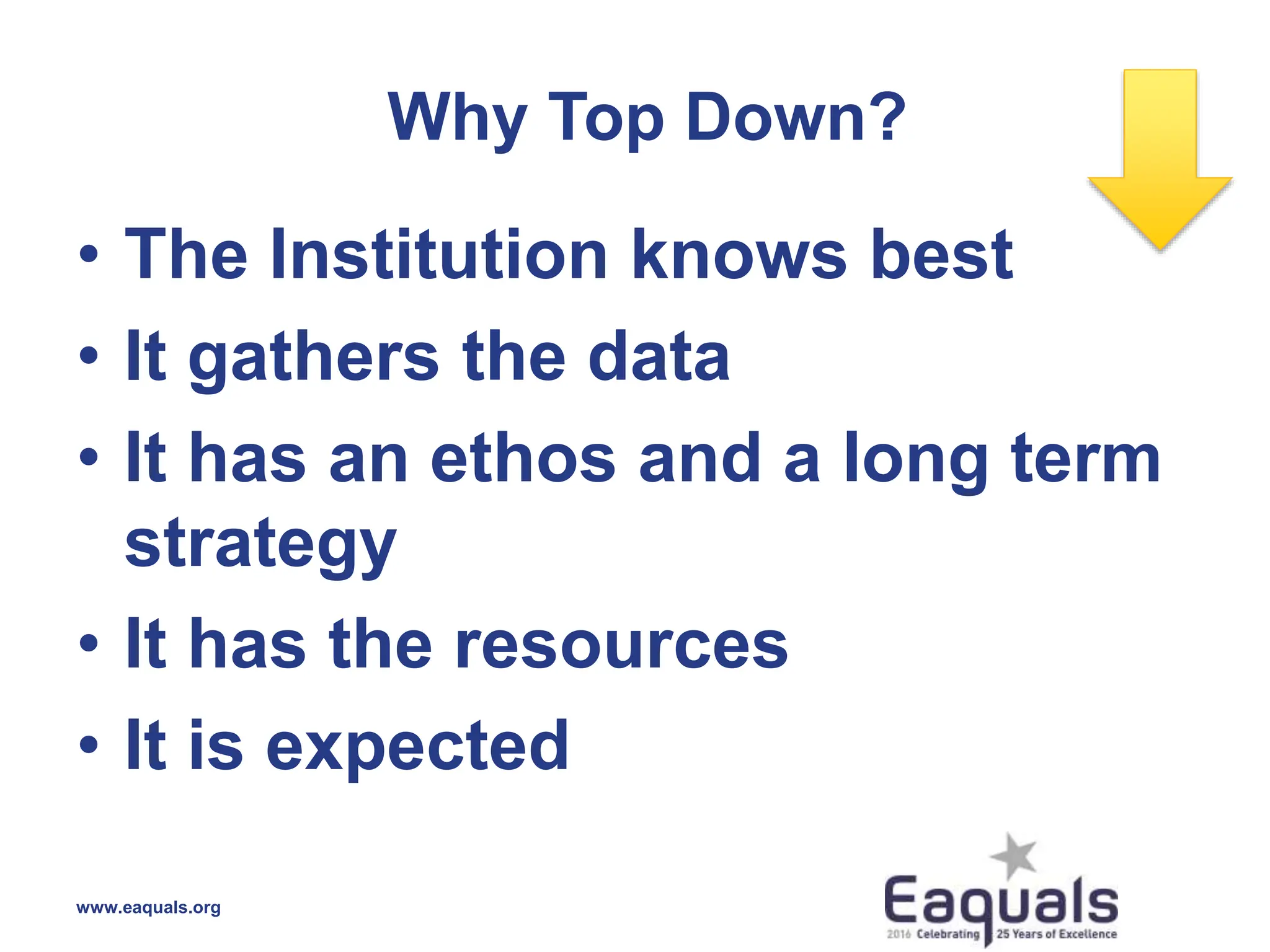 Why Top Down?
• The Institution knows best
• It gathers the data
• It has an ethos and a long term
strategy
• It has the resources
• It is expected
www.eaquals.org
 