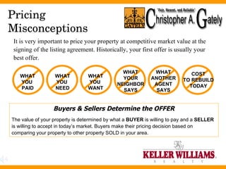 Pricing Misconceptions It is very important to price your property at competitive market value at the signing of the listing agreement. Historically, your first offer is usually your best offer.  Buyers & Sellers Determine the OFFER The value of your property is determined by what a  BUYER  is willing to pay and a  SELLER  is willing to accept in today’s market. Buyers make their pricing decision based on comparing your property to other property SOLD in your area.  WHAT YOU  PAID WHAT ANOTHER AGENT SAYS WHAT YOU  NEED WHAT YOU  WANT COST TO REBUILD TODAY WHAT YOUR NEIGHBOR SAYS 