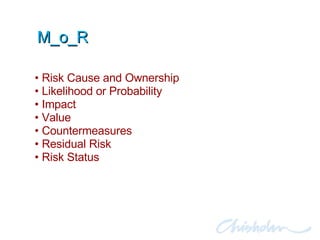 M_o_R Risk Cause and Ownership Likelihood or Probability Impact Value Countermeasures Residual Risk Risk Status 