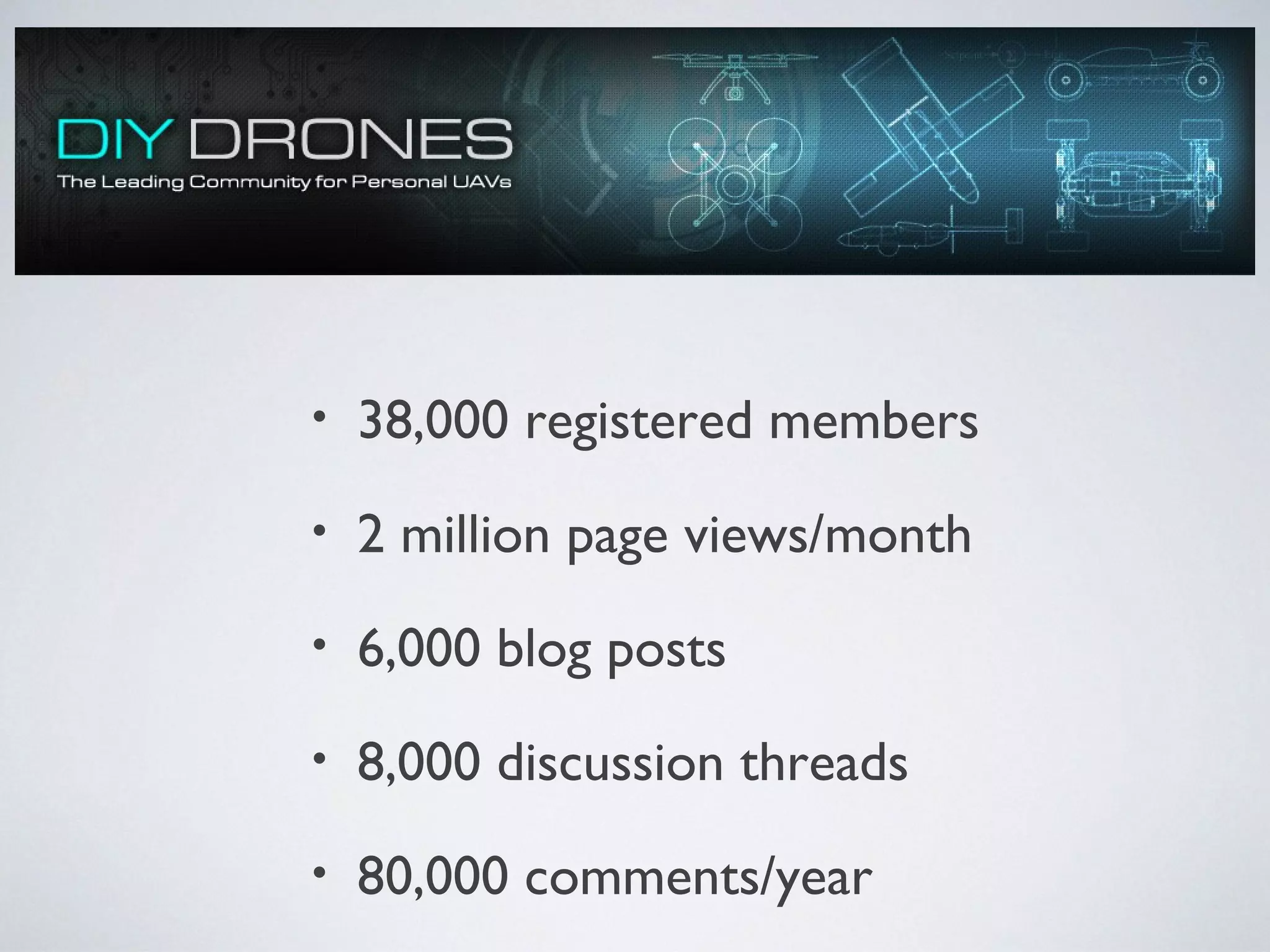 • 38,000 registered members
• 2 million page views/month
• 6,000 blog posts
• 8,000 discussion threads
• 80,000 comments/year
 