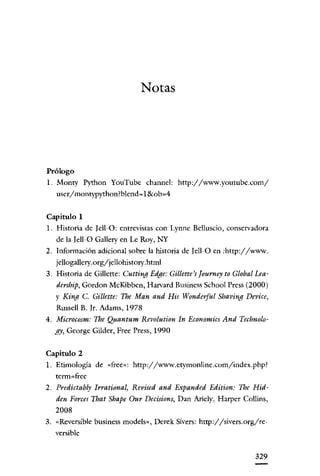 Notas

Prólogo
1. Monry Python YouTube channel: http://www.youtube.com/
user/montypython?blend~l&ob=4

Capítulo 1
1. Historia de [ell-O: entrevistas con Lynne Belluscio, conservadora

de la Iell-O Gallery en Le Roy, NY
2. Información adicional sobre la historia de Iell-O en :http://www.
jellogallery.orgyjellohistory.html

3. Historia de Gillette: Cutting Edge: Gillette's [ourney to Global Lea-

dership, Gordon McKibben, Harvard Business Schoo! Prcss (2000)
y King C. Gillette: The Man and His Wonderful Shaving Device,

Russell B. Ir. Adams, 1978

4. Microcosm: The Q;<antum Revolution In EconomicsAnd Technolo-

gy, George Gilder, Free Press, 1990
Capítulo 2
l. Etimología de «free»: http://www.erymonline.com/index.php?
term-free

2. Predictably Irrational, Revised and Expanded Edition: The Hidden Forces That Shape Our Decisions, Dan Ariely, Harper Collins,
2008
3. «Reversible business rnodels», Derek Sivers: http://sivers.org/reversiblc

329

 