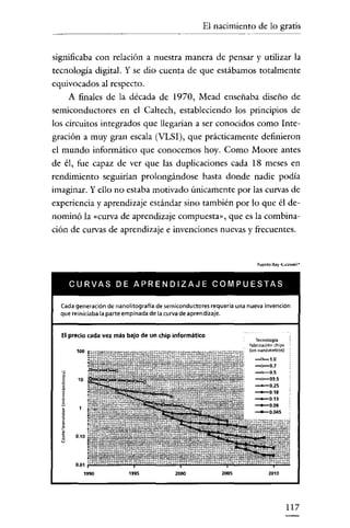 El nacimiento de lo gratis


significaba con relación a nnestra manera de pensar y utilizar la
tecnología digital. Y se dio cuenta de que estábamos totalmente
equivocados al respecto.
       A finales de la década de 1970, Mead enseñaba diseño de
semiconductores en el Caltech, estableciendo los principios de
los circuitos integrados que llegarían a ser conocidos como Inte-
gración a muy gran escala (VLSI), que prácticamente definieron
el mundo informático que conocemos hoy. Como Moore antes
de él, fue capaz de ver que las duplicaciones cada 18 meses en
rendimiento seguirían prolongándose hasta donde nadie paella
imaginar. Y ello no estaba motivado únicamente por las curvas de
experiencia y aprendizaje estándar sino también por lo que él de-
nominó la «curva de aprendizaje compuesta», que es la combina-
ción de curvas de aprendizaje e invenciones nuevas y frecuentes.


                                                                    Fuente:Ray KurZWf!iI"




       CURVAS DE APRENDIZAJE COMPUESTAS

  Cadageneraciónde nanolitografía de semiconductores requeria una nuevainvención
  que reiniciabala parte empinadade la curvade aprendizaje.


  El precio cada vez másbajo de un chip informático

         '00



  '3
   E     10
  :~
  .~

  "
  ·1
  ~
  ~     0.10




        0.01
              19..       1995           2000            2005             2010




                                                                                  117
 