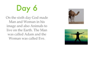Day 6 On the sixth day God made Man and Woman in his image and also Animals to live on the Earth. The Man was called Adam and the Woman was called Eve.