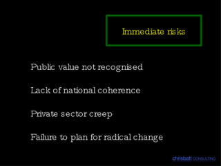 Public value not recognised Lack of national coherence Private sector creep Failure to plan for radical change Immediate risks 
