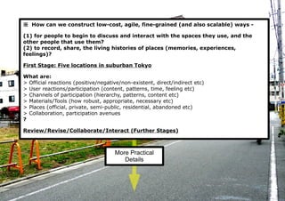 ※　How can we construct low-cost, agile, fine-grained (and also scalable) ways -
(1) for people to begin to discuss and interact with the spaces they use, and the
other people that use them?
(2) to record, share, the living histories of places (memories, experiences,
feelings)?
First Stage: Five locations in suburban Tokyo
What are:
> Official reactions (positive/negative/non-existent, direct/indirect etc)
> User reactions/participation (content, patterns, time, feeling etc)
> Channels of participation (hierarchy, patterns, content etc)
> Materials/Tools (how robust, appropriate, necessary etc)
> Places (official, private, semi-public, residential, abandoned etc)
> Collaboration, participation avenues
?
Review/Revise/Collaborate/Interact (Further Stages)
More Practical
Details
 
