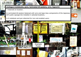 analogue (notebooks, pens, laminated A4 posters, wire, legwork)
- materials on location.
> Laminated A4 posters fastened with wire and tape (key components of the Japanese
DIY public signage kit) installed in selected locations.
> A notebook and pen attached for non-net-enabled users.
Image: Examples of street signage in Japan (from FIXES project)
Example
Poster
 