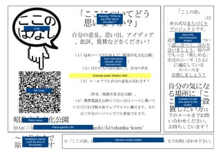 Example poster (Bottom Half)
Logo
QR Code
Place name
General contact details
Heading: “What do
you think about
this place?”
Installation period
(until the end of
November)
About the
kokonohanashi
project
Invitation to add
own place to the
project
Place specific URL
Use instructions
(access, email,
comment etc)
 