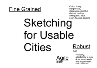 Sketching
for Usable
Cities
Agile
Robust
Fine Grained
Flexibility,
adaptability to local
& personal needs
and opportunities
(Turner & Roberts, 1975)
Quick, timely,
inexpensive,
disposable, plentiful,
distinct, minimal,
ambiguous, beta,
open, hopeful, seeking
Agile
機動的
Robust
丈夫
 