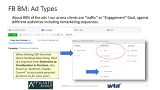 FB BM: Ad Types
About 80% of the ads I run across clients are “traffic” or “Engagement” Goal, against
different audiences ...