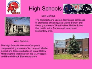 High Schools  West Campus East Campus The High School's Western Campus is composed of graduates of Accompsett Middle School and those graduates of Great Hollow Middle School that reside in the Mt. Pleasant and Branch Brook Elementary area.  The High School's Eastern Campus is composed of graduates of Nesaquake Middle School and those graduates of Great Hollow Middle School that reside in the Tackan and Nesconset Elementary area.  