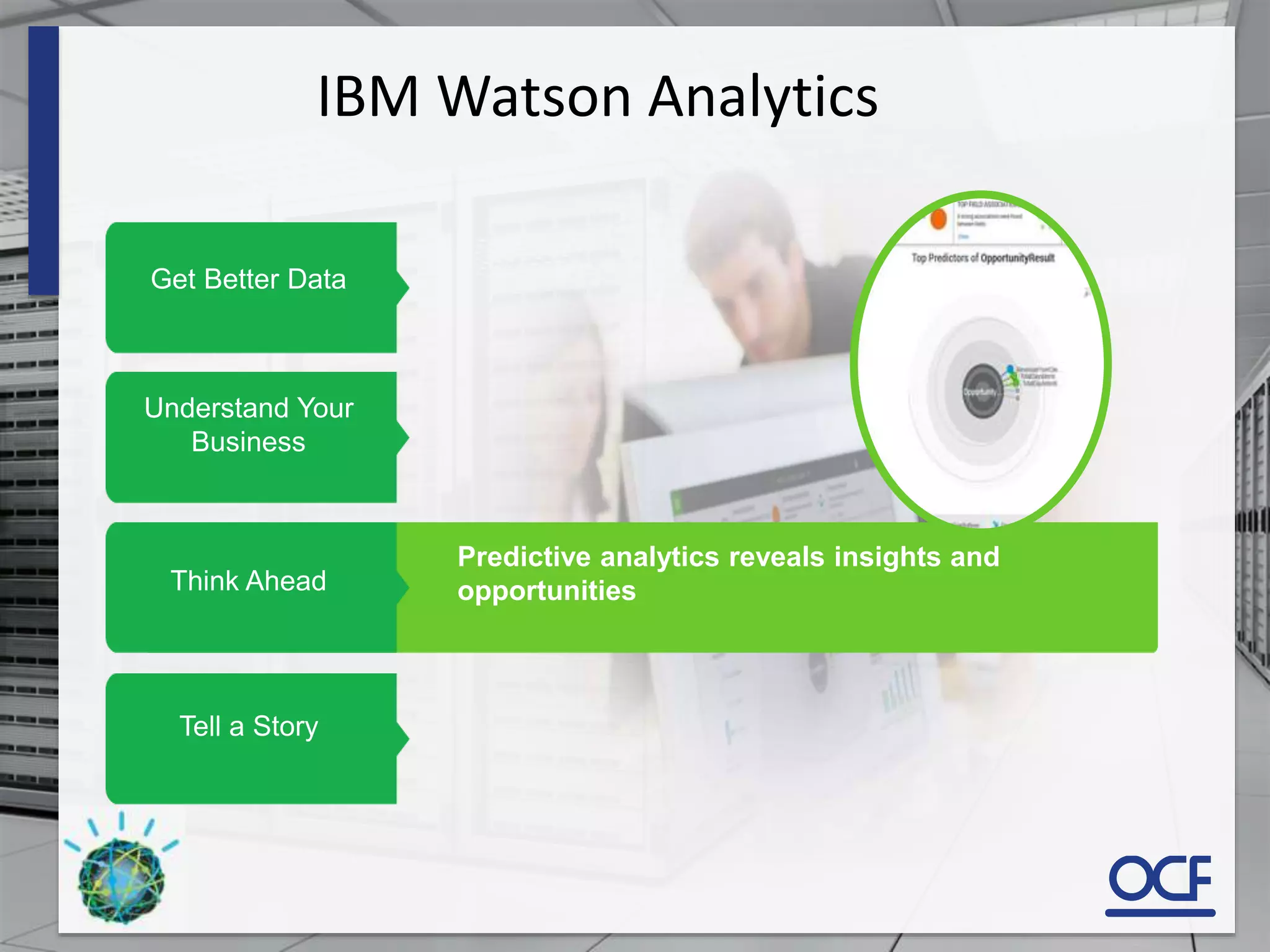 Get Better Data
Understand Your
Business
Think Ahead
Tell a Story
Predictive analytics reveals insights and
opportunities
IBM Watson Analytics
 