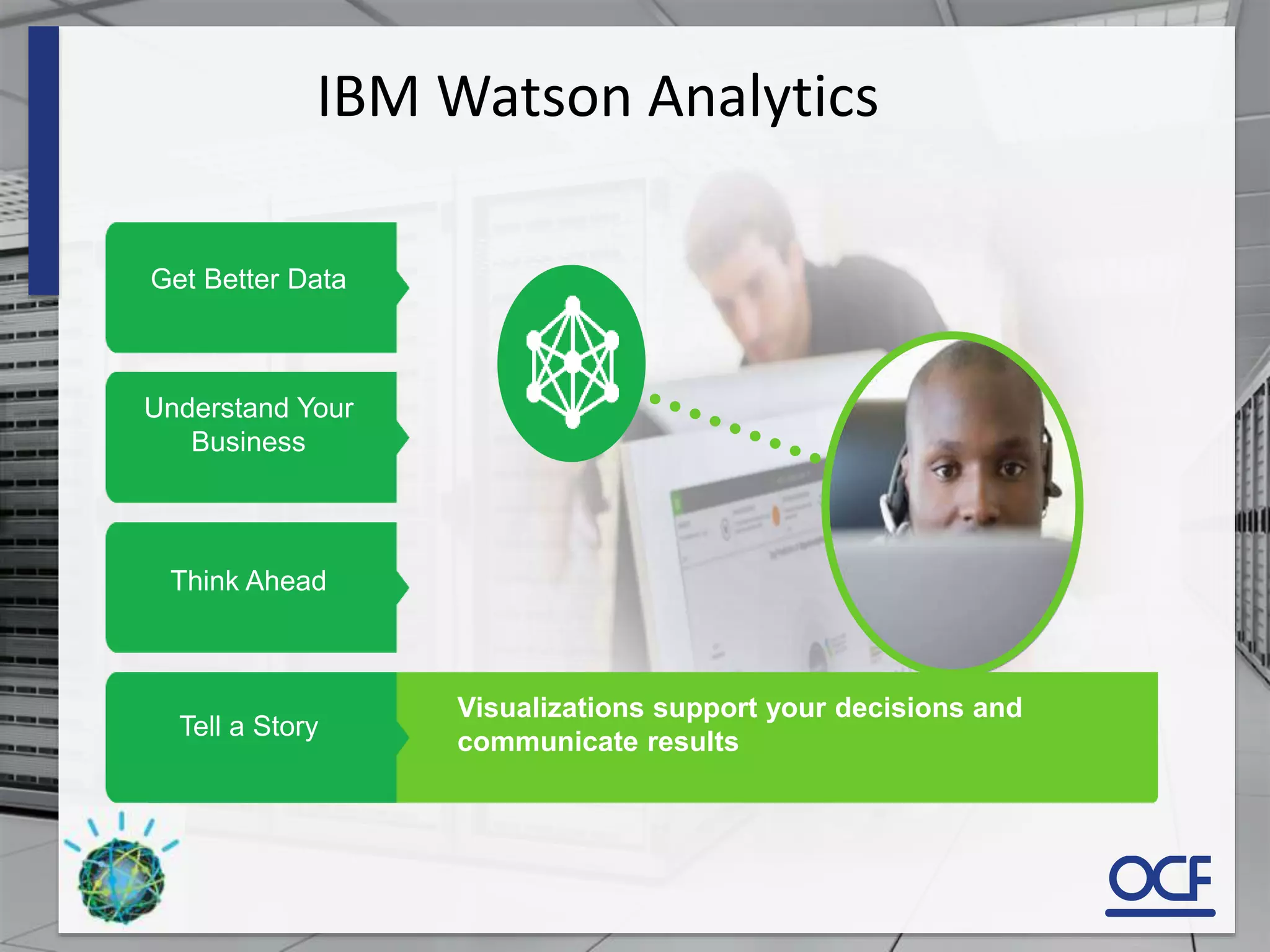 Get Better Data
Understand Your
Business
Think Ahead
Tell a Story
Visualizations support your decisions and
communicate results
IBM Watson Analytics
 