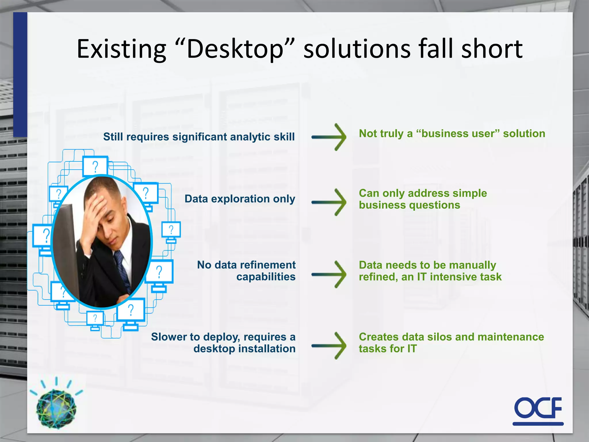 No data refinement
capabilities
Data exploration only
Slower to deploy, requires a
desktop installation
Creates data silos and maintenance
tasks for IT
Data needs to be manually
refined, an IT intensive task
Can only address simple
business questions
Not truly a “business user” solution
Existing “Desktop” solutions fall short
Still requires significant analytic skill
 
