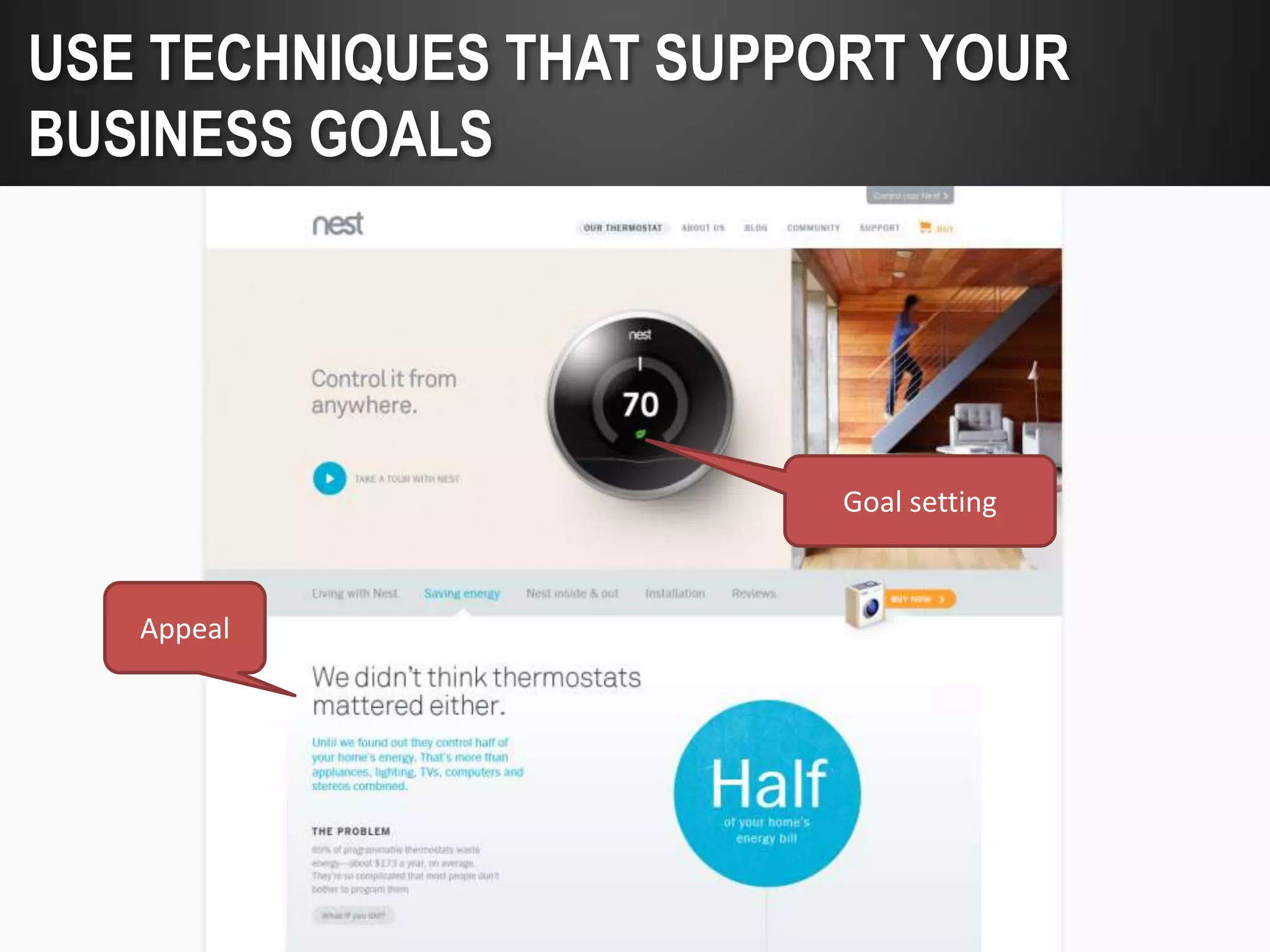 USE TECHNIQUES THAT SUPPORT YOUR
BUSINESS GOALS




                         Goal setting


   Appeal
 