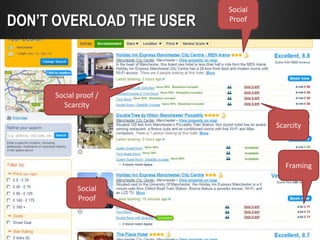 Social
DON’T OVERLOAD THE USER   Proof




     Social proof /
       Scarcity

                                   Scarcity




                                      Framing

            Social
            Proof
 