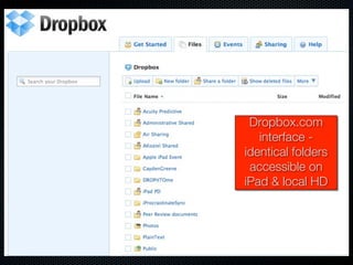 Dropbox.com
   interface -
identical folders
 accessible on
iPad & local HD
 