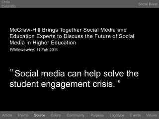 Chris CatarelloSocial BeretMcGraw-Hill Brings Together Social Media and Education Experts to Discuss the Future of Social Media in Higher EducationPRNewswire. 11 Feb 2011‟Social media can help solve the student engagement crisis. ”LogotypeEventsArticleThemeSourceColorsCommunityValuesPurpose