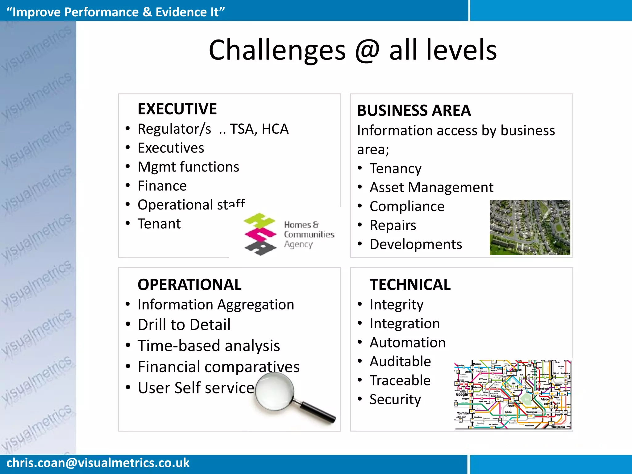 “Improve Performance & Evidence It”


                                 Challenges @ all levels
                       EXECUTIVE                 BUSINESS AREA
                   •   Regulator/s .. TSA, HCA   Information access by business
                   •   Executives                area;
                   •   Mgmt functions            • Tenancy
                   •   Finance                   • Asset Management
                   •   Operational staff         • Compliance
                   •   Tenant                    • Repairs
                                                 • Developments

                       OPERATIONAL                   TECHNICAL
                   • Information Aggregation     •   Integrity
                   •   Drill to Detail           •   Integration
                   •   Time-based analysis       •   Automation
                   •   Financial comparatives    •   Auditable
                                                 •   Traceable
                   •   User Self service
                                                 •   Security


chris.coan@visualmetrics.co.uk
 