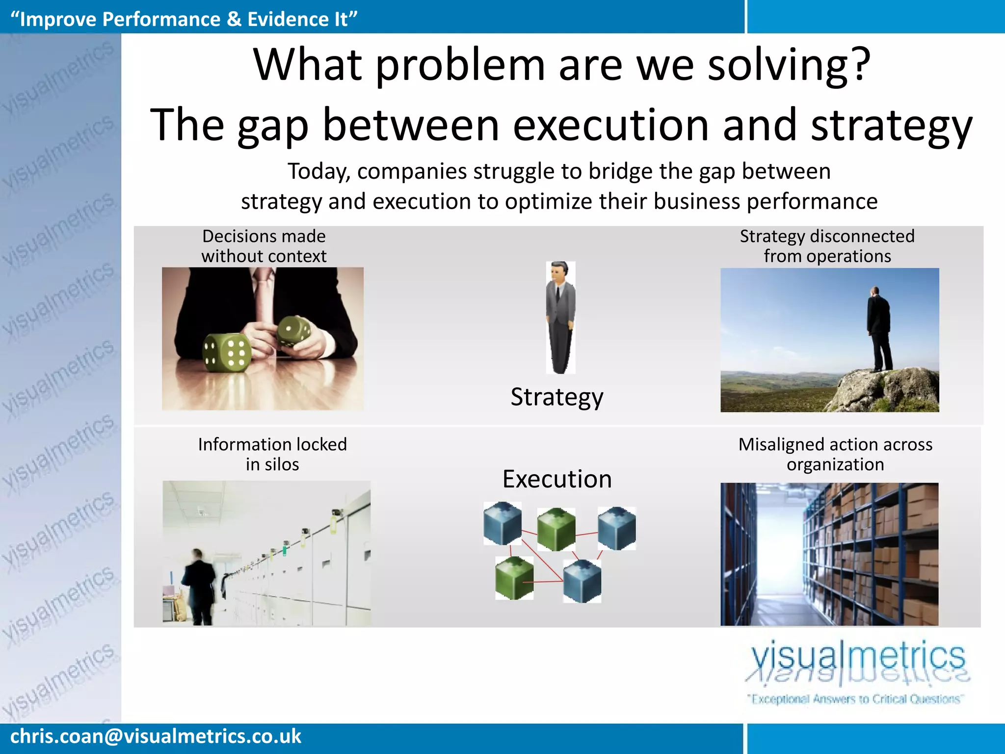 “Improve Performance & Evidence It”

                   What problem are we solving?
              The gap between execution and strategy
                             Today, companies struggle to bridge the gap between
                        strategy and execution to optimize their business performance
                   Decisions made                                      Strategy disconnected
                   without context                                        from operations




                                                 Strategy
                   Information locked                                  Misaligned action across
                         in silos                                            organization
                                                Execution




chris.coan@visualmetrics.co.uk
 