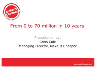 From 0 to 70 million in 10 years

           Presentation by:
               Chris Cole
   Managing Director, Make It Cheaper
 