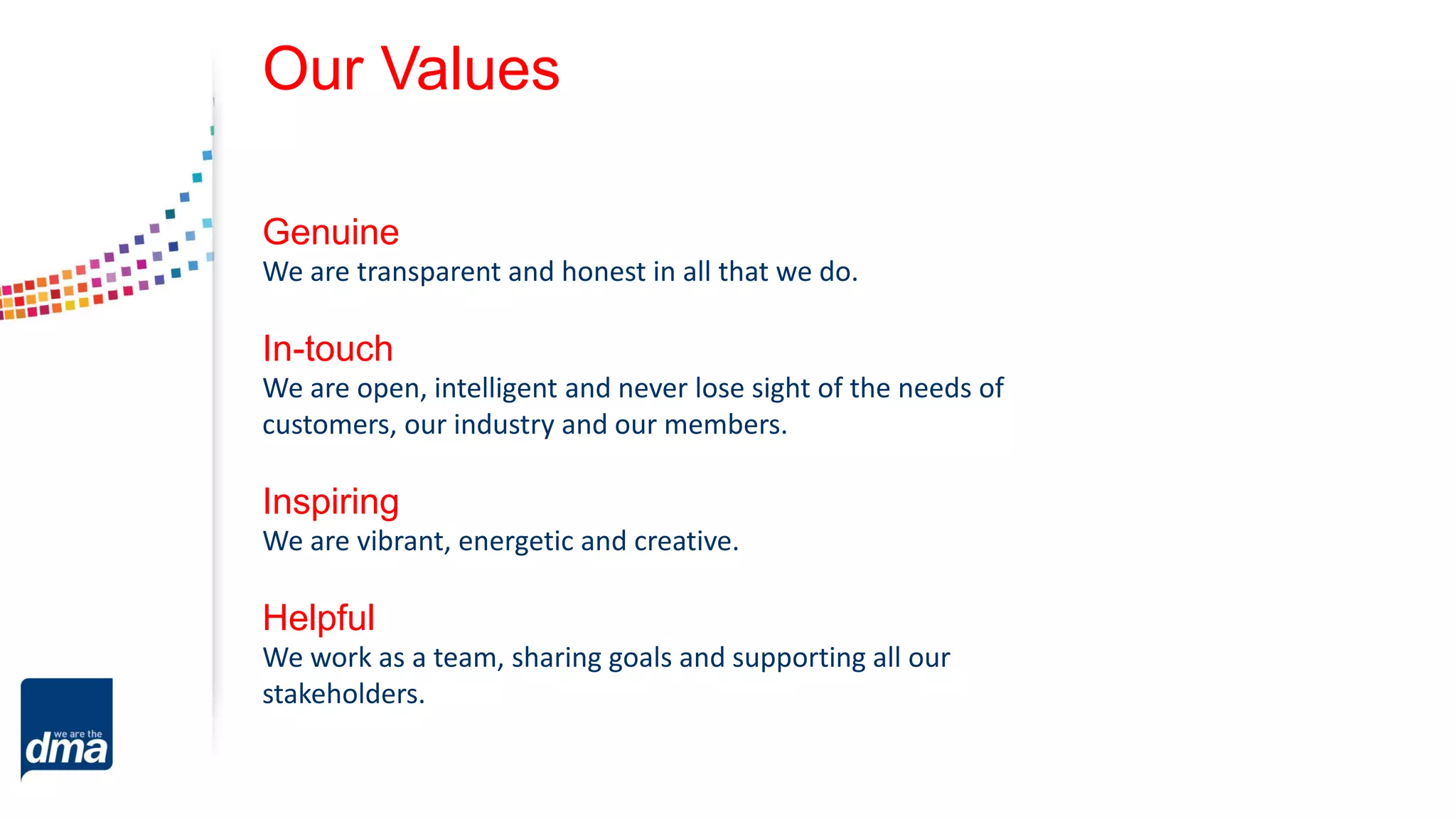 Our Values
Genuine
We are transparent and honest in all that we do.
In-touch
We are open, intelligent and never lose sight of the needs of
customers, our industry and our members.
Inspiring
We are vibrant, energetic and creative.
Helpful
We work as a team, sharing goals and supporting all our
stakeholders.
 