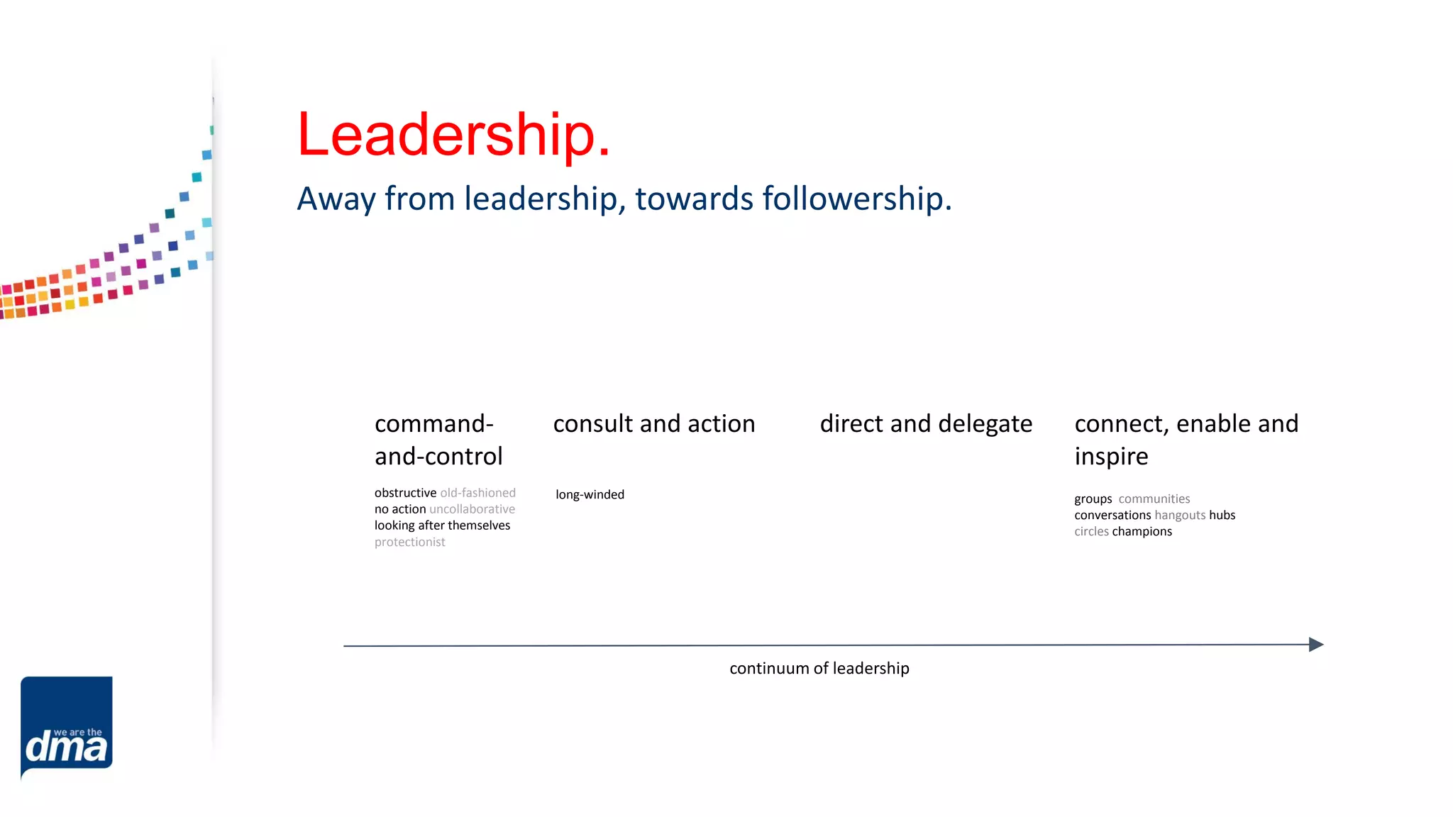 Leadership.
Away from leadership, towards followership.
continuum of leadership
command-
and-control
obstructive old-fashioned
no action uncollaborative
looking after themselves
protectionist
direct and delegate connect, enable and
inspire
consult and action
long-winded groups communities
conversations hangouts hubs
circles champions
 