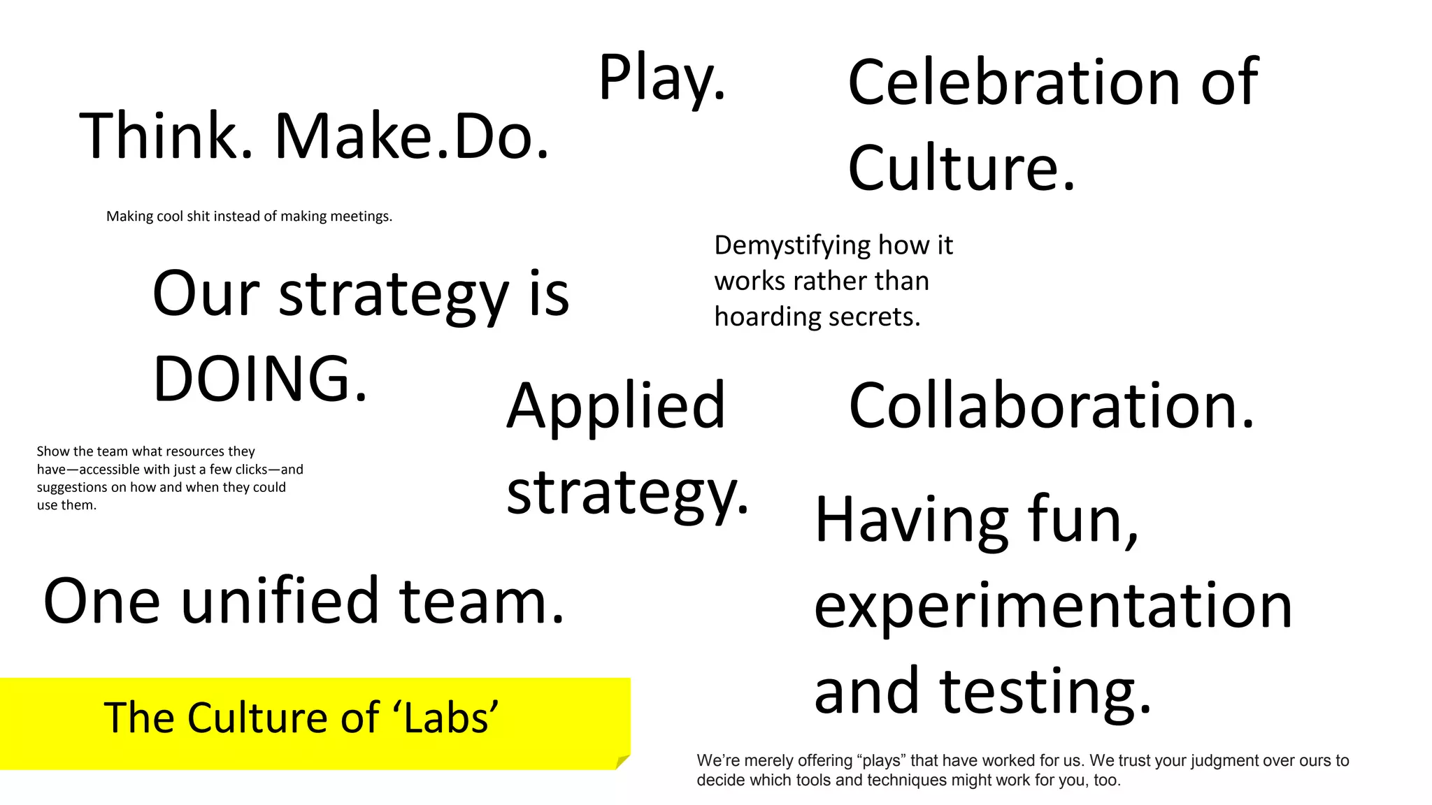 The Culture of ‘Labs’
Think. Make.Do.
Our strategy is
DOING.
Celebration of
Culture.
Collaboration.
One unified team.
Having fun,
experimentation
and testing.
Making cool shit instead of making meetings.
Applied
strategy.
Demystifying how it
works rather than
hoarding secrets.
Show the team what resources they
have—accessible with just a few clicks—and
suggestions on how and when they could
use them.
We’re merely offering “plays” that have worked for us. We trust your judgment over ours to
decide which tools and techniques might work for you, too.
Play.
 