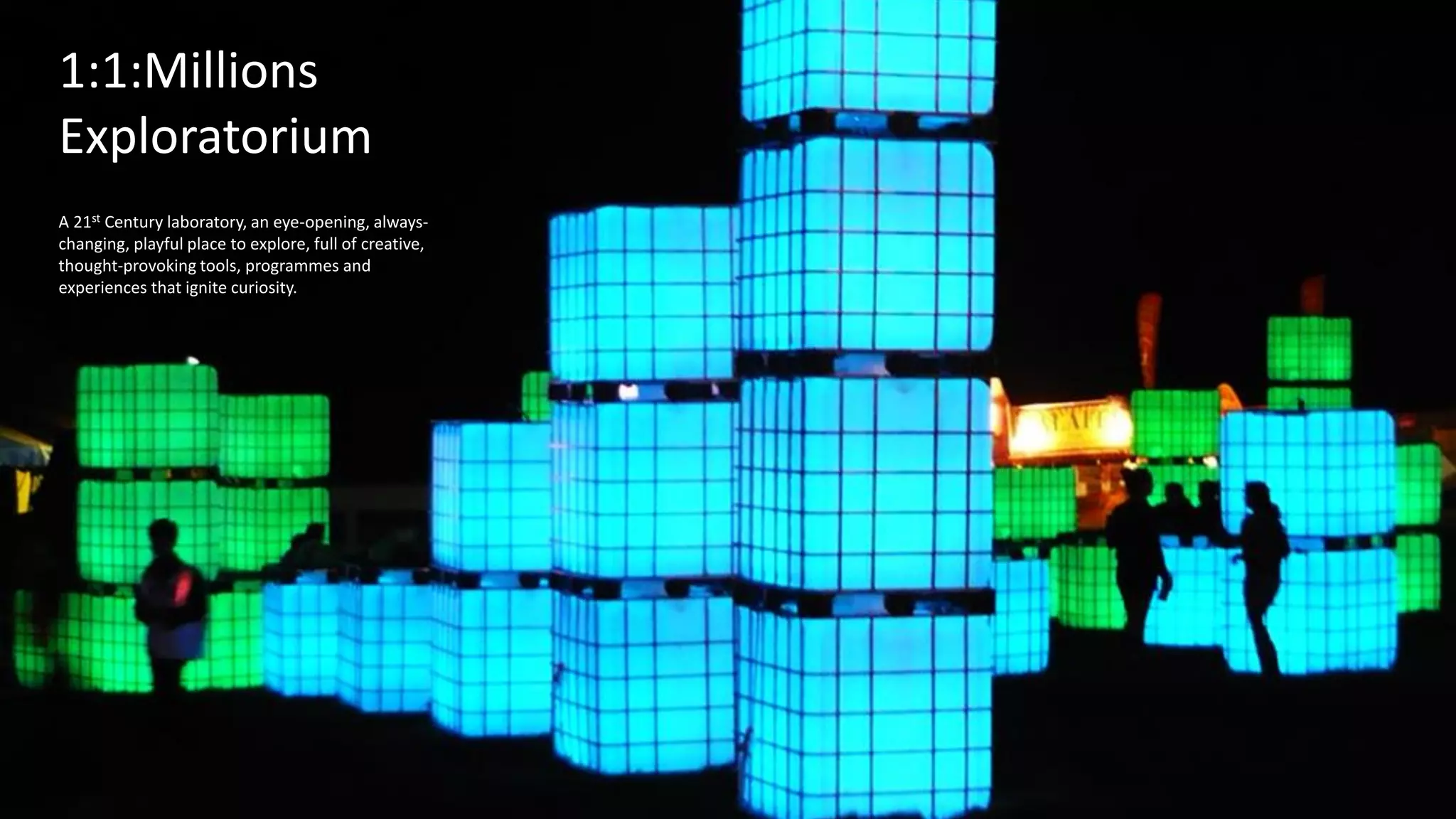 Festivals
A 21st Century laboratory, an eye-opening, always-changing, playful place to explore, full of
creative, thought-provoking tools, programs and experiences that ignite curiosity.
1:1:Millions
Exploratorium
A 21st Century laboratory, an eye-opening, always-
changing, playful place to explore, full of creative,
thought-provoking tools, programmes and
experiences that ignite curiosity.
 