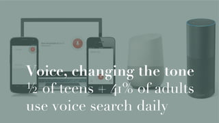 Voice, changing the tone
½ of teens + 41% of adults
use voice search daily
 