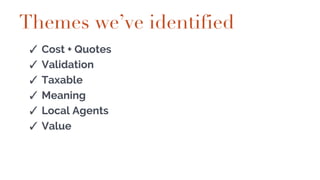 Themes we’ve identified
✓ Cost + Quotes
✓ Validation
✓ Taxable
✓ Meaning
✓ Local Agents
✓ Value
 