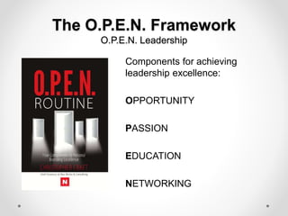 The O.P.E.N. Framework
O.P.E.N. Leadership
Components for achieving
leadership excellence:
OPPORTUNITY
PASSION
EDUCATION
NETWORKING
 