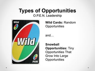 Types of Opportunities
O.P.E.N. Leadership
Wild Cards: Random
Opportunities
and…
Snowball
Opportunities: Tiny
Opportunities That
Grow Into Large
Opportunities
 