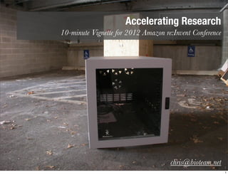 Accelerating Research
10-minute Vignette for 2012 Amazon re:Invent Conference




                                     chris@bioteam.net
                                                          1
                                                          1
 