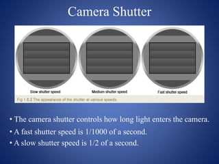 Camera Shutter
• The camera shutter controls how long light enters the camera.
• A fast shutter speed is 1/1000 of a second.
• A slow shutter speed is 1/2 of a second.
 