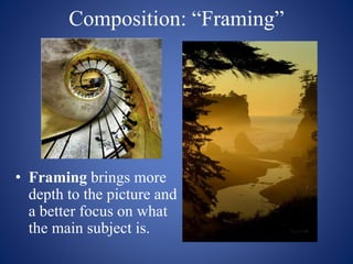 Composition: “Framing”
• Framing brings more
depth to the picture and
a better focus on what
the main subject is.
 
