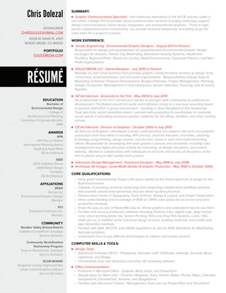 Chris Dolezal
PORTFOLIO
DOLEZMEDIA.COM
303.641.8929
CHRISDOLEZ@GMAIL.COM
10128 W 52ND PL #301
WHEAT RIDGE, CO 80033
SUMMARY:
⊲ Graphic Communications Specialist - with extensive experience in the A/C/E industry seeks a
role within a design firm to provide visual communication services including marketing support,
design communications, brand design integration, and environmental graphics. Thrive in high-
paced collaborative work environment, can provide technical leadership, and willing to go the
extra miles for a project’s success.
WORK EXPERIENCE:
⊲ Jacobs Engineering: Environmental Graphic Designer - August 2011 to Present
Responsible for design and development of comprehensive Environmental Graphic Design
packages for Aviation, Transit, City Wayfinding, Downtown Parking Systems, Healthcare
Facilities, Regional Parks, Streets for Cycling, Retail Environments, Corporate Interiors, and Non-
Profit Organizations.
⊲ DOLEZ MEDIA LLC: Owner/Designer - July 2010 to Present
Manage my own small business that provides graphic communications services to design firms,
contractors, small businesses, and non-profit organizations. Responsibilities include Sales &
Marketing Collateral, Proposal Development, Budget Estimates, Project Management, Planning,
Design, Production, Management of Sub-contractors, Vendor Selection, Invoicing, and Accounts
Payable.
⊲ OZ Architecture: Associate to the Firm - May 2004 to July 2010
As an Associate to the firm I served as a mentor to younger staff contributing to professional
development. Facilitated overall firm goals and initiatives acting as a mid-level sounding board
to general staff within a group environment - resulting in direct feedback to firm leadership.
Took part firms social committee where I assisted with production & coordination of corporate
social events in providing necessary graphic materials for OZ offices, facilities, and other hosting
venues.
⊲ OZ Architecture: Director of Graphics - October 2000 to July 2010
As Director of Graphics I developed a broad understanding of a project’s life-cycle and graphics
production work-flow within it including RFP process, short-list interview, charrettes, planning
& strategy, programming, design phases, construction, move-in, and client sales/marketing
efforts. Responsible for developing firm-wide graphics process and standards, including color
management and digital pre-press activity for marketing, all design disciplines, and project
delivery. Worked in collaboration with individuals at all levels and across all disciplines of the
firm to always ensure high quality work product.
⊲ Interactive Design Management: Freelance Designer - May 1998 to July 2008
⊲ Archetype 3D Images: Scale Model Builder & Graphic Production - May 1998 to October 2000
CORE QUALIFICATIONS:
•	 Have great understanding Project Life-cycles related to the broad spectrum of design for the
Built Environment.
•	 Capable of providing technical leadership and integrating collaborative workflow methods
that promote stream-lined processes that are driven by best-practices.
•	 Possess keen sense of Typography, Color Scheme, Design & Layout, and Image Composition.
•	 Have understanding and knowledge of RGB vs. CMYK color space for on-screen and print
production methods.
•	 Know the pros & cons of Raster/Bit-map vs. Vector graphics and understand how to use them.
•	 Familiar with various production methods including Pantone color, digital-color, large format
color, direct-printing (white ink), Screen-Printing, Paint and Vinyl Film Systems, Laser, CNC,
water-jet cut, in addition to the industrial design process, building materials, and exhibit and
sign fabrication methods.
•	 Familiar with ADA, MUTCD, and OSHA regulations as well as ANSI Standards for Wayfinding/
Signage purposes.
•	 Understand how to use different technologies to capture and create content.
COMPUTER SKILLS & TOOLS:
⊲ Design Tools
•	 Advanced in Adobe CS/CC - Photoshop, Illustrator (with CADtools), InDesign, Acrobat, Muse,
Lightroom, and Bridge.
•	 Intermediate level with SketchUp and other 3D rendering software
⊲ Office Communications
•	 Proficient in Microsoft Office - Outlook, Word, Excel, and PowerPoint
•	 Google Apps for Work User - Chrome, Hangouts, Docs, Sheets, Slides, Picasa, Maps, Calendar,
GoogleEarth, ChromeCast, Youtube, and GoogleDrive
•	 Familiar with Document Control / Management Tools such as Project-Wise and SharePoint.
EDUCATION
Bachelor of
Environmental Design
College of
Architecture and Planning
University of Colorado Boulder
1999
AWARDS
APA
2011 Pierre L’Enfant
International Planning Award
Kigali Sub Area Plans
OZ Architecture
ASID
2009 Adaptive Reuse
2009 Retail Design
Scribbles
OZ Architecture
AFFILIATIONS
SEGD
Society for
Environmental Graphic Design
Member
DCI
Downtown Colorado Inc.
Member
COMMUNITY
Boulder Valley School District
GoByBus/SchoolPool Campaign
Service Donation
Community Revitalization
Partnership Program
Town of Silverthorne, Colorado
Service Donation
SCOR-BOARD
Sedgwick County Organized Rec
Urban Liaison/Graphics Advisor
Service Donation
RÉSUMÉ
 