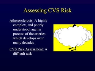 Assessing CVS Risk
Atherosclerosis: A highly
complex, and poorly
understood, ageing
process of the arteries
which develops over
many decades
CVS Risk Assessment: A
difficult task
 