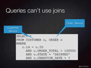 @crichardson
Queries can’t use joins
SELECT *
FROM CUSTOMER c, ORDER o
WHERE
c.id = o.ID
AND o.ORDER_TOTAL > 100000
AND o....