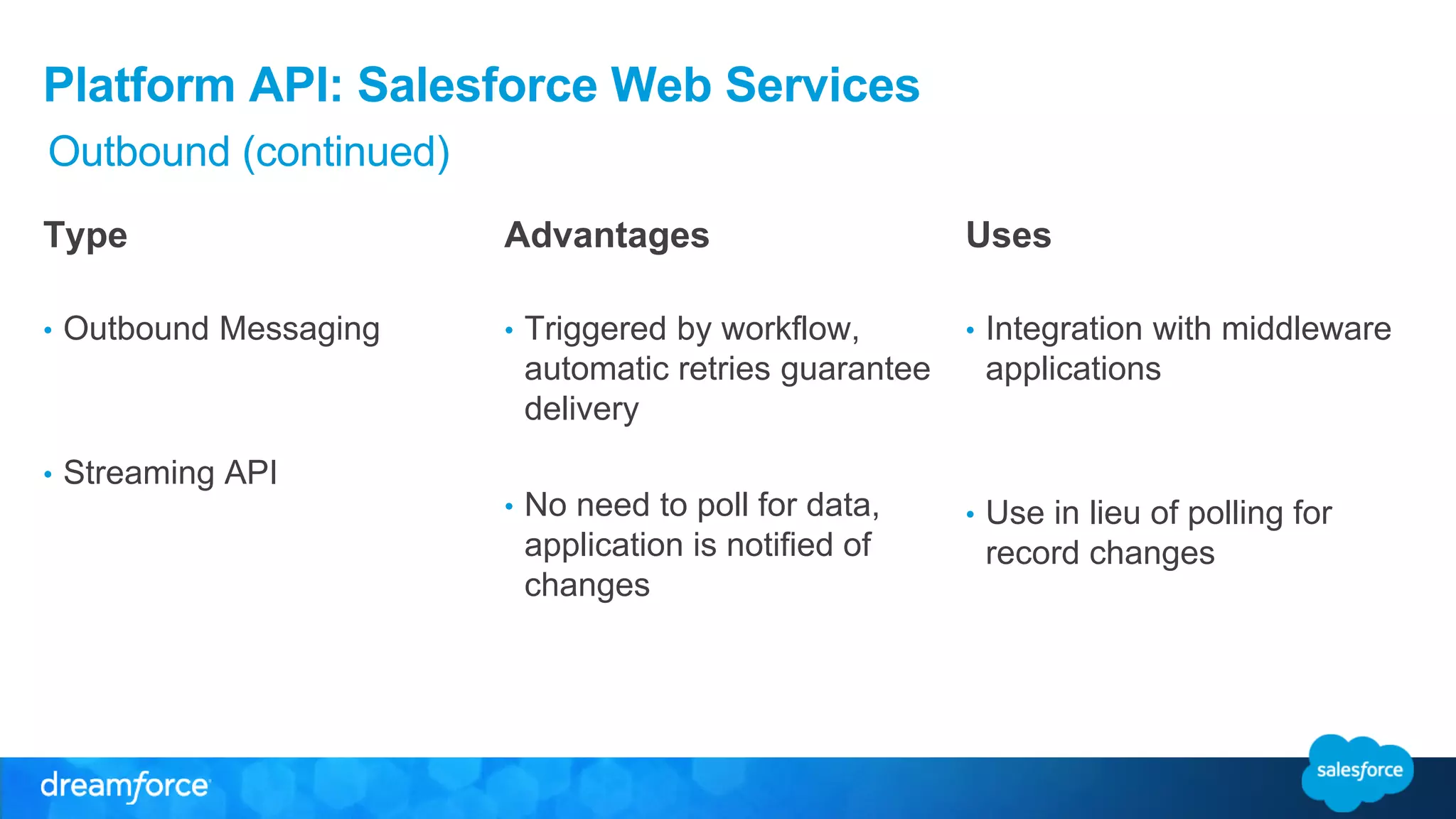 Platform API: Salesforce Web Services 
Type 
• Outbound Messaging 
• Streaming API 
Advantages 
• Triggered by workflow, 
automatic retries guarantee 
delivery 
• No need to poll for data, 
application is notified of 
changes 
Uses 
• Integration with middleware 
applications 
• Use in lieu of polling for 
record changes 
Outbound (continued) 
 