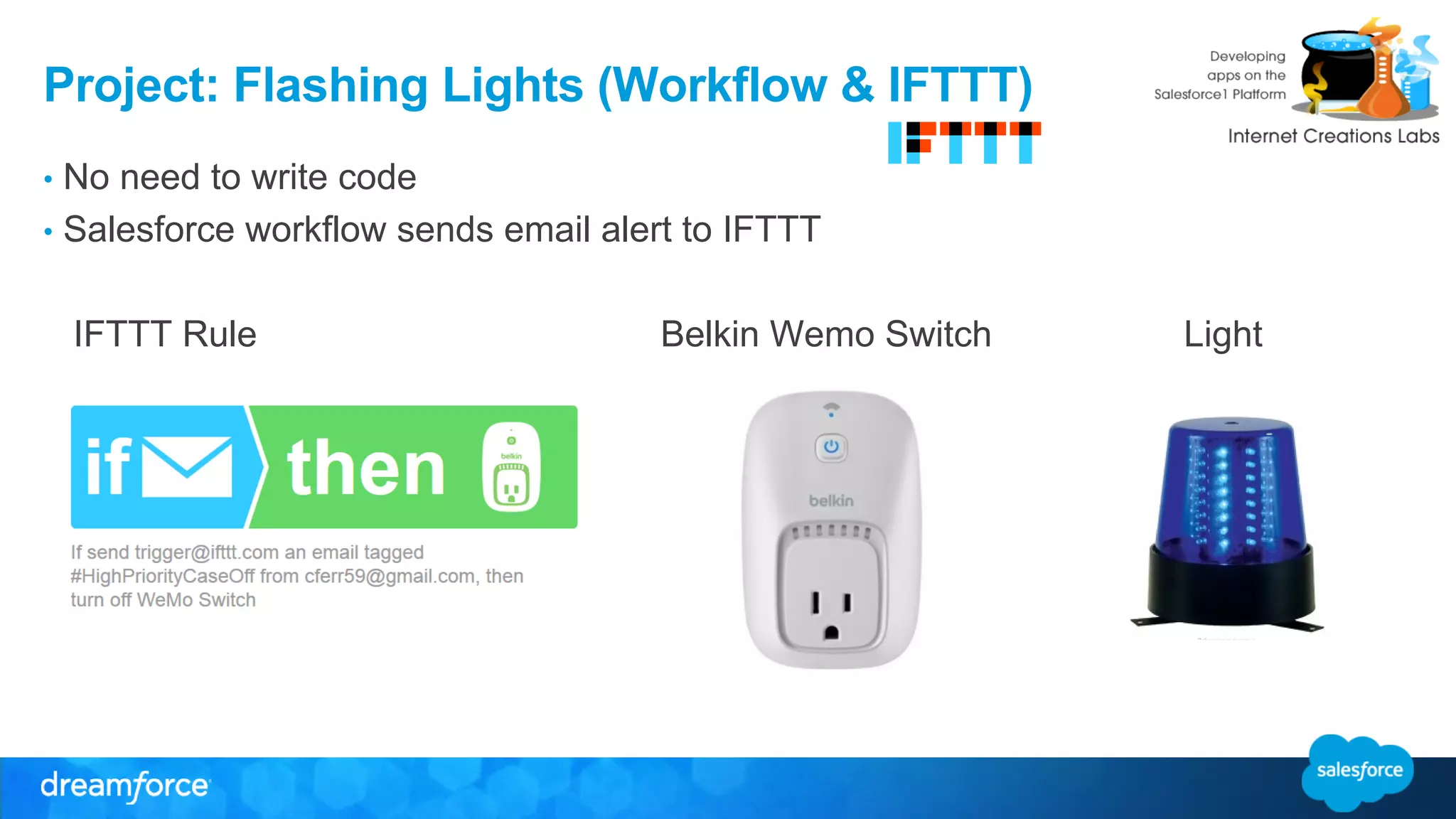 Project: Flashing Lights (Workflow & IFTTT) 
• No need to write code 
• Salesforce workflow sends email alert to IFTTT 
IFTTT Rule Belkin Wemo Switch Light 
 
