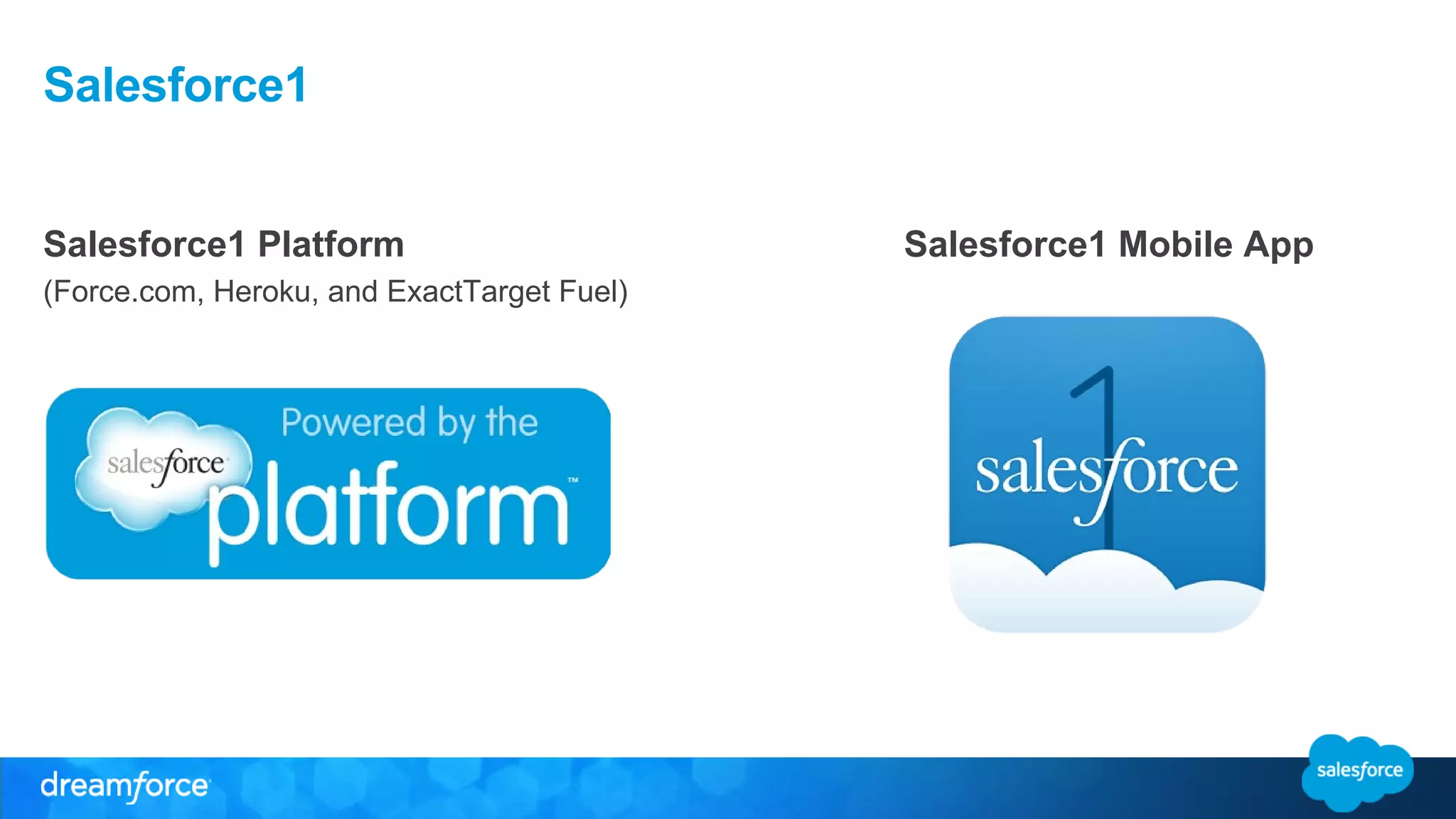 Salesforce1 
Salesforce1 Platform 
(Force.com, Heroku, and ExactTarget Fuel) 
Salesforce1 Mobile App 
 
